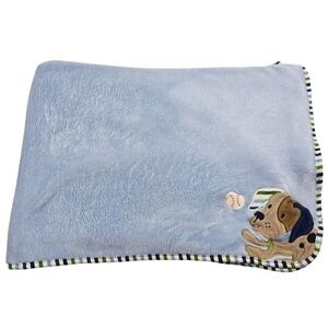 Garanimals Baseball Puppy Dog Baby Blanket Embroidered Fleece Stripe Edge Blue
